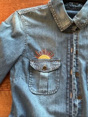 Unique Denim Button-Down Shirt with Subtle Sun Embroidery - Light Blue